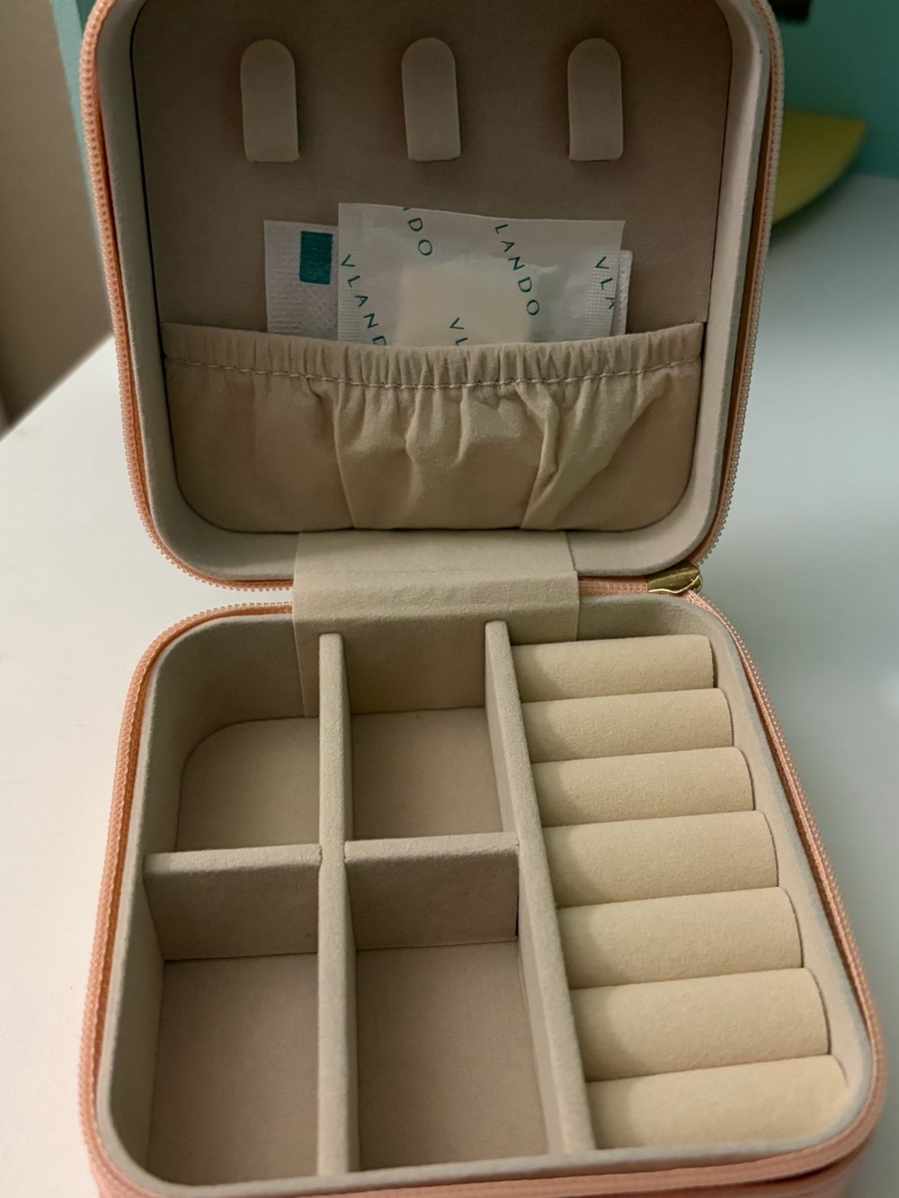 Compact Peach Jewelry Organizer Case with Ring Rolls
